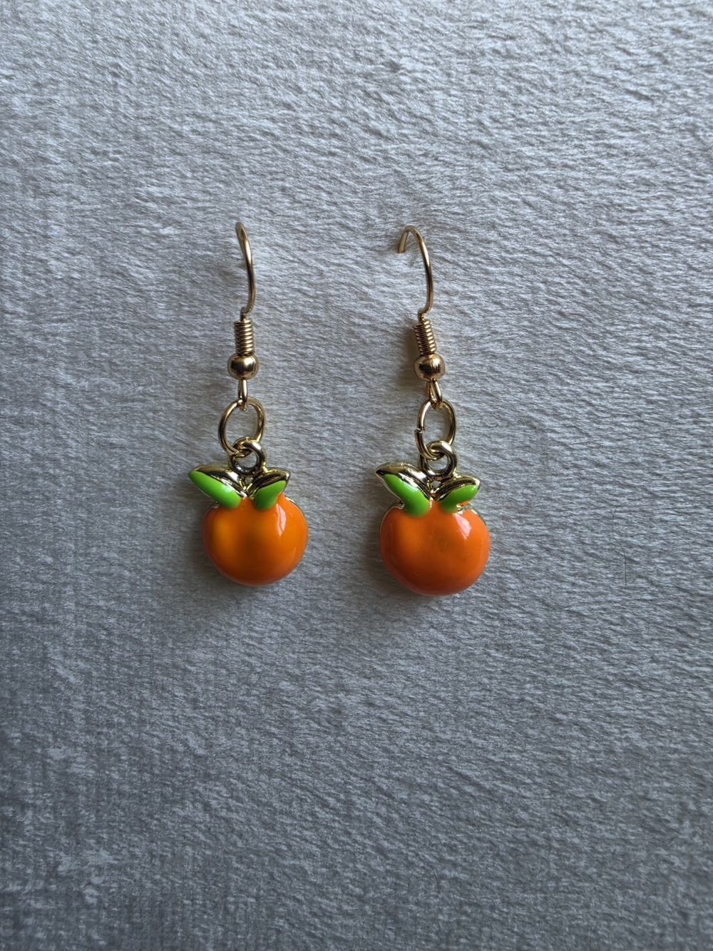Gold-Tone Orange Fruit Drop Earrings with Green Leaves